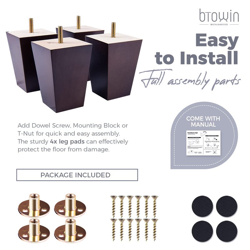 Btowin 6 inch Solid Wood Furniture Legs, 4Pcs Mid-Century Modern Wooden Pyramid Replacement Feet with Threaded 5/16'' Hanger Bolts & Mounting Plate & Screws for Sofa Couch Chair Recliner - Image 4